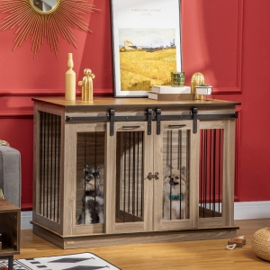 PawHut Dog Crate Furniture with Divider Panel, Wooden Dog Kennel TV Stand for Large Dogs, Pet House Side Table for 2 Small Dogs with Two Rooms Design, 2 Sliding Doors, Oak