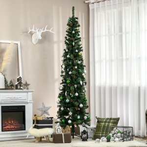 HOMCOM 7.5 Foot Pencil Artificial Christmas Tree, Slim Pine Needles Xmas Tree with 706 Realistic Branches, 33 Pine Cones, Metal Base, Green