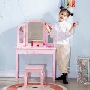Qaba Kids Vanity Table & Chair Set, Girls Dressing Set, Make Up Desk with Tri-folding Mirrors, Drawer, Pink