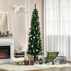 HOMCOM 6.5 Foot Pencil Artificial Christmas Tree, Slim Pine Needles Xmas Tree with 556 Realistic Branches, 27 Pine Cones, Metal Base, Green