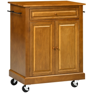 HOMCOM Modern Kitchen Island on Wheels, Rolling Serving Cart with Drawer, Storage Cabinet, and 2 Towel Racks for Dining Room, Brown
