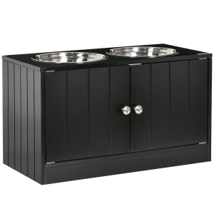 PawHut Elevated Dog Bowls for Large Dogs Pet Feeding Station with Stand, Storage, 2 Stainless Steel Food and Water Bowls, Black, 23.5" x 12" x 14"