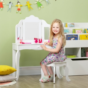 Qaba Kids Vanity Table & Chair Set, Wooden Princess Makeup Dressing Table, Pretend Play Vanity Set for Little Girls with Tri-folding Mirrors, Drawer, White