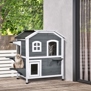PawHut Cat Condo w/ Tons of Room & Openable Roof Fir Wood Outdoor/Indoor Catio Grey