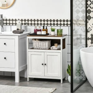 kleankin Modern Bathroom Storage Cabinet, Free Standing Bathroom Cabinet, Open Compartment and Cupboard with Adjustable Shelf, White and Walnut