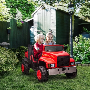 Aosom Two-Seater Kids' Tractor with Detachable Bucket, 12V Battery Powered Ride-on Farm Truck with Parental Control, 2 Speeds, Music Lights, Suspension Wheels, for 37-72 Months, Red
