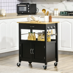 HOMCOM Kitchen Cart, Utility Trolley, Small Kitchen Island with Storage Drawer & Side Hooks for Dining Room, Black