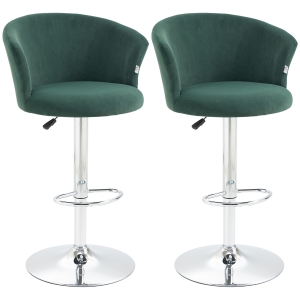 HOMCOM Adjustable Bar Stools Set of 2, Velvet Kitchen Stool, Upholstered Counter Height Barstool with Swivel Seat, Wing Back, Footrest for Dining Room, Dark Green
