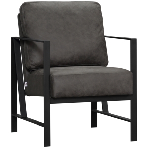 HOMCOM Industrial Accent Chairs with Cushioned Seat and Back, Upholstered Faux Leather Armchair for Bedroom, Living Room Chair with Arms and Steel Legs, Grey