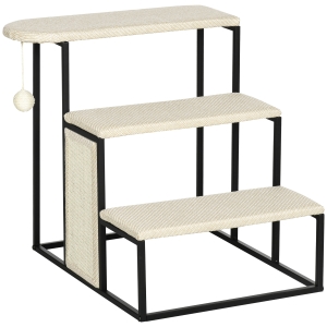 PawHut 20" 3 Steps Cat Stairs, Carpeted Ladder Ramp, Pet Steps with Scratching Board and Hanging Ball for Small Cats, Steel Frame, Cream White