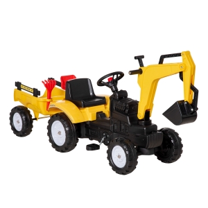 Aosom Kid's Ride-On Toy, Pedal Digger Construction Car with Horn & Detachable Trailer, Yellow