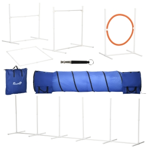 PawHut 6pc Portable Dog Agility Training Equipment, Pet Agility Training Set with Adjustable Height Jump Ring, Jumper, Weave Poles, Square Pause Box, Carry Bag, Whistle
