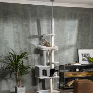 PawHut Floor to Ceiling Cat Tree Kitty Climbing Tower Height Adjustable with Scratching Posts Cat Condo Bed Teaser Toy, 7.2 - 8.5 Feet, Grey