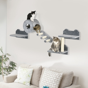 PawHut 4 PCs Cat Wall Shelves, Pet Wall-mounted Climbing Shelf Set, Kitten Activity Centre with Condo, Cushion, Scratching Post, Jumping Platform, Grey