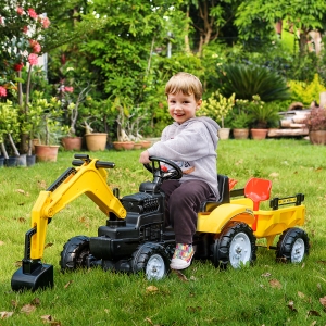 Aosom Ride-on Toy Pedal Digger Construction Car with Horn & Detachable Trailer, Yellow
