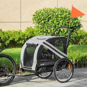 Aosom Dog Bike Trailer 2-in-1 Pet Stroller Cart Bicycle Wagon Cargo Carrier Attachment for Travel with Universal Wheel Reflectors Flag Grey