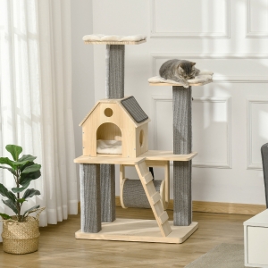 PawHut 49" Cat Tree Kitty Activity Center Wooden Cat Climbing Toy Pet Furniture with Cat Condo Cat Roller Ladder Cushions Sisal Scratching Post Pad, Natural