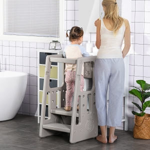 Qaba Kids Step Stool Adjustable Standing Platform Toddler Kitchen Stool -Standing Tower for Kids Kitchen Counter Learning with Three Adjustable Heights, Grey