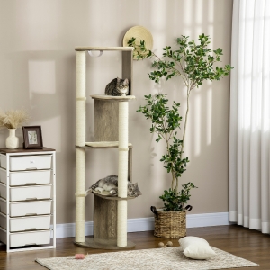 PawHut Multi-Lever Cat Tree, Activity Center Cat Tower with Jute Scratching Posts, Four Mats, Elevated Perches, Cream White