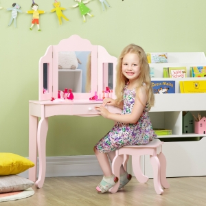 Qaba Kids Vanity Table & Chair Set, Wooden Princess Makeup Dressing Table, Pretend Play Vanity Set for Little Girls with Tri-folding Mirrors, Drawer, Pink
