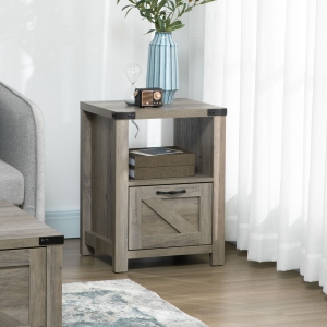 HOMCOM Industrial Side Table with Drawer and Open Shelf, Nightstand for Living Room or Bedroom, Grey