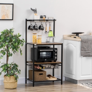 HOMCOM Industrial Multifunctional Kitchen Bakers Rack, Microwave Stand, Coffee Bar Station with Storage Shelves, Wire Basket, 5 Hanging Hooks, Walnut