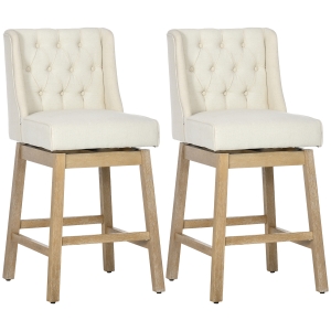 HOMCOM Bar Height Bar Stools Set of 2, 180 Degree Swivel Kitchen Island Stool, 28" Seat Height with Solid Wood Footrests and Button Tufted Design, Beige