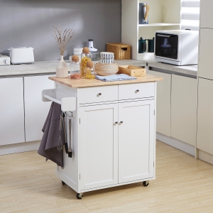 HOMCOM Rolling Kitchen Island on Wheels, Utility Serving Cart with Rubber Wood Top, Towel Rack, Hooks and Storage Drawers, White