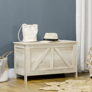 HOMCOM Storage Trunk Box Organizer with Farmhouse Panel Safety Hinge to Open Up 150° White