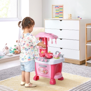 Qaba Kids Kitchen Set Kitchen Playset Pretend Toy Children Role Play Game Toy with Light & Sound Function  38Pcs Toy Accessories - Pink