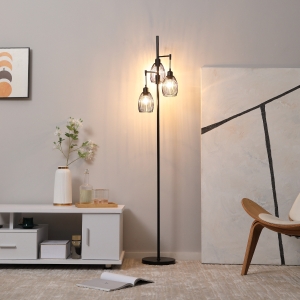 HOMCOM Industrial Floor Lamp with 3 Hanging Wire Lampshades, Dimmable Standing Lamp for Living Room, Bedroom, Dining Room, Study, Black