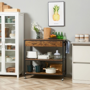 HOMCOM Industrial Kitchen Island on Wheels, Rolling Serving Cart with Drawers, Storage Shelves, Towel Rack for Dining Room, Rustic Brown