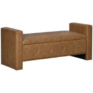 HOMCOM Rectangular Storage Ottoman Bench, Button Tufted Faux Leather Upholstered Footstool with Soft Closing Hinged Lid and Armrests for Bedroom, Living Room, Brown