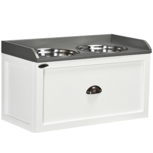 PawHut Elevated Dog Bowls for Large Dogs, Raised Pet Feeding Station with 2 Stainless Steel Bowls, Hidden Storage Drawer, Wood Stand for Cats, White