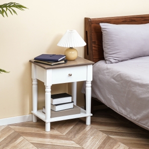 HOMCOM Nightstand, Bedside Table with Drawer and Open Shelf, Side End Table with Wood Legs for Living Room, Bedroom, White