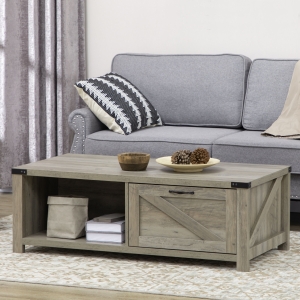 HOMCOM Farmhouse Coffee Table with Drawer and Storage Shelf, Rustic Center Table for Living Room, Grey