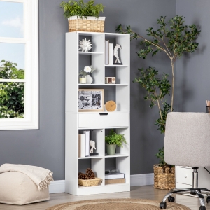 HOMCOM Wooden Bookshelf, Freestanding Bookcase with Drawer, Display Shelf Storage Shelving for Home Office, White