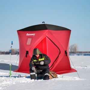 Outsunny Portable 2 Person Pop Up Ice Shelter Fishing Tent with Ventilation Windows and Carry Bag - Red