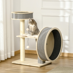 PawHut Cat Tree Kitty Tower with Scratching Posts Running Wheel Cat Bed Cushions Hanging Ball, 23.4" x 17.7" x 35.8", Natural