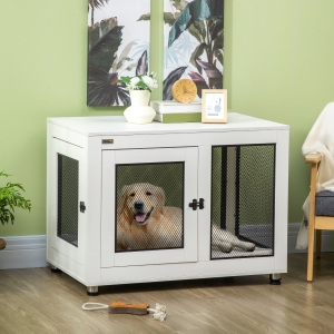 PawHut Pet Crate End Table with Water-resistant Cushion, Double-Door Dog Crate Furniture for Large Medium Small Dogs, Wooden Wire Pet Kennel for Indoor Use, White