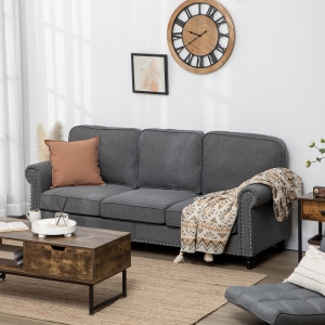 HOMCOM 3-Seater Sofa Couch, 81" Modern Linen Fabric Sofa with Rubberwood Legs, Studded Trim and Rolled Arms for Living Room, Bedroom and Apartment, Grey