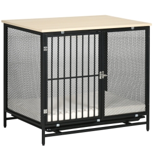 PawHut Dog Crate Furniture with Water-Resistant Cushion Medium Dog Kennel, Oak, 31.5" x 22" x 28"