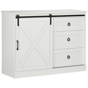HOMCOM Farmhouse Kitchen Sideboard, Buffet Cabinet with Sliding Barn Door and 3 Storage Drawers for Living Room, White