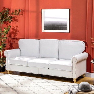 HOMCOM 3-Seater Sofa Couch, 81" Modern Linen Fabric Sofa with Rubberwood Legs, Studded Trim and Rolled Arms for Living Room, Bedroom and Apartment, White