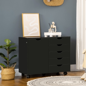 HOMCOM Modern Mobile 5-Drawer Chest with Door, Storage Cabinet, Dresser on Wheels, Printer Stand for Home Office, Black