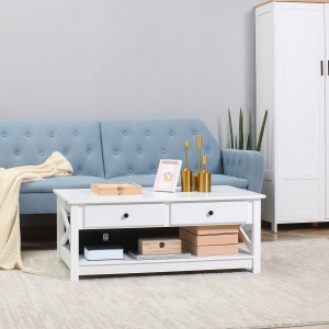 HOMCOM Coffee Table with Storage Drawers and Open Shelf, Modern Centre Table for Living Room, White