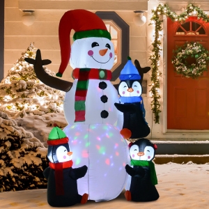 HOMCOM 6ft Christmas Inflatable Snowman with Three Penguins, Blow-Up Outdoor LED Yard Display with Rotating Colorful Light for Party, Garden, Holiday