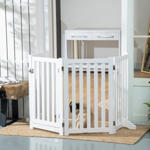 PawHut Foldable Dog Gate with Door, 4 Panels Freestanding Pet Gate with Support Feet Indoor Playpen for Medium Dogs and Below, White