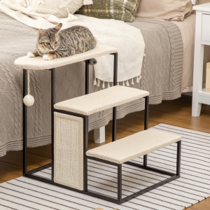 PawHut 20" 3 Steps Cat Stairs, Carpeted Ladder Ramp, Pet Steps with Scratching Board and Hanging Ball for Small Cats, Steel Frame, Cream White