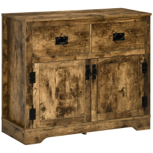 HOMCOM Rustic Kitchen Cabinet, Storage Cabinet, Sideboard Buffet Cabinet with 2 Drawers and 2 Cupboards for Kitchen, Dining Room, Living Room, Brown